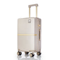 Beige hard-shell polycarbonate trolley suitcase with upright handle and four spinner wheels