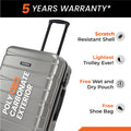 Silver hard-shell suitcase with telescopic handle and 8 spinner wheels, close-up