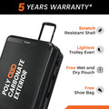 Large check-in suitcase, ridged scratch-resistant shell, top handle, 8 wheels.