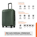 Dark green hard-shell check-in suitcase, ridged finish, telescopic handle and 8 spinner wheels
