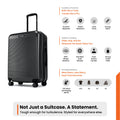 Medium check-in suitcase in charcoal grey with 8 wheels and side grip