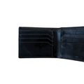 Black leather bi-fold wallet interior view, showing card slots and bill pocket