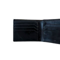 Black leather bi-fold wallet interior with card slots and a center divider
