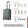 Dark green small cabin suitcase side view, 8 spinner wheels, telescopic handle