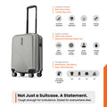 Hard-shell carry-on suitcase in silver, standing with spinner wheels and top handle