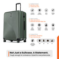 Hard-shell carry-on suitcase in dark green, front view with spinner wheels and handle