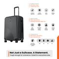 Charcoal grey hard-shell check-in suitcase with telescopic handle and 8 spinner wheels