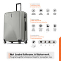 Silver ribbed check-in suitcase with upright handle, zipper, and four caster wheels.