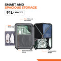 Open hard-shell suitcase interior with wet/dry pouch, shoe bag, and compression strap panel