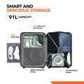 Open hard-shell suitcase interior featuring wet/dry pouch, shoe bag, and compression straps