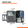 Silver hard-shell suitcase opened to show interior lining, zip pockets, and compression straps