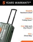 Small cabin suitcase, dark green, close view of side panel and upright handle