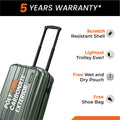 Small cabin suitcase, dark green, close view of side panel and upright handle