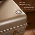 Beige hard-shell luggage corner with scratch-resistant finish and logo badge detail