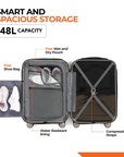 Small cabin suitcase interior view with divider, compression straps, and hanging toiletry pouch
