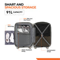 Open small cabin suitcase interior with shoe bag, wet/dry pouch, and compression straps.