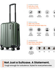 Small cabin suitcase, dark green, upright handle and eight wheels, full view