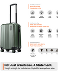 Dark green hard-shell cabin suitcase with telescopic handle and 8 wheels