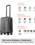 Small cabin suitcase, charcoal gray, upright handle and eight wheels, full view