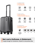Dark grey cabin suitcase with telescopic handle and four spinner wheels, side view