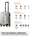 Small cabin suitcase in silver with telescopic handle and four side wheels shown