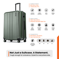 Dark green hard-shell luggage with four corner wheels and side accessory pocket