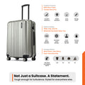 Silver medium check-in suitcase, front view with wheels and telescopic handle
