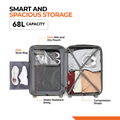 Opened hard-shell suitcase interior with mesh divider, straps, and compression bands