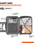 Open dark grey suitcase interior with packing space, straps, and water-resistant lining