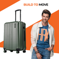 Dark green hard-shell suitcase with extended handle and side pocket, on wheels