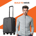 Black small cabin suitcase with 8 wheels and telescopic handle, ridged shell