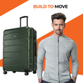 Green hard-shell suitcase with upright handle and rolling wheels