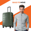 Hard-shell 8-wheel luggage in green with upright handle and four spinner wheels