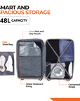 Open suitcase interior with zip compartments, shoe bag pocket and compression straps