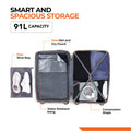 Dark blue small cabin suitcase with open interior, wet/dry pouch, compression straps