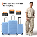 Blue cabin suitcase with extendable handle and multi-direction wheels