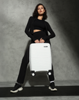 Hard-shell cabin suitcase, white with 8 spinner wheels and telescopic handle