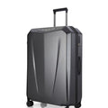 Dark grey hard-shell trolley suitcase three-quarter front view with wheels