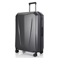 Dark grey hard-shell polycarbonate trolley suitcase, front-side view with wheel base