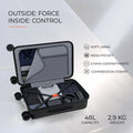 Black hard-shell laptop trolley with open compartments and gray padded lining