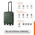 Green small cabin suitcase with 8 spinner wheels, branded front, standing view.