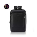 Front-facing black nylon backpack with top handle and front zip pocket.
