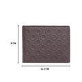 Cherry leather bi-fold wallet with embossed R monogram pattern and contrast stitching