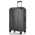 Hard-shell trolley suitcase in dark grey, angled front view with vertical side details