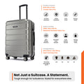 Hard-shell 8-wheel luggage in silver with upright handle and spinner wheels