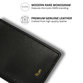 Black leather card holder corner with gold Rare logo and stitched edge
