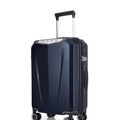 Dark blue hard-shell trolley suitcase side view with telescoping handle and wheels