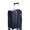 Dark blue hard-shell trolley suitcase three-quarter side view with wheels