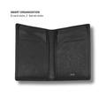 Black leather slim card holder open: 6 card slots and 2 secret slots