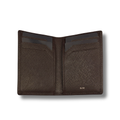 Brown leather card holder open with card slots and secret storage